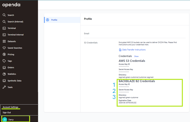 The Backblaze B2 Credentials section in your Openda profile