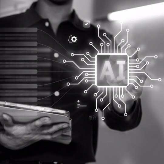 Person holding tablet with digital AI chip and circuit board interface overlay.
