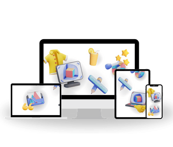 A computer monitor, tablet, and smartphone displaying various colorful 3D icons including a yellow shirt, a drink with a straw, stars, a 3D cube, and a paintbrush