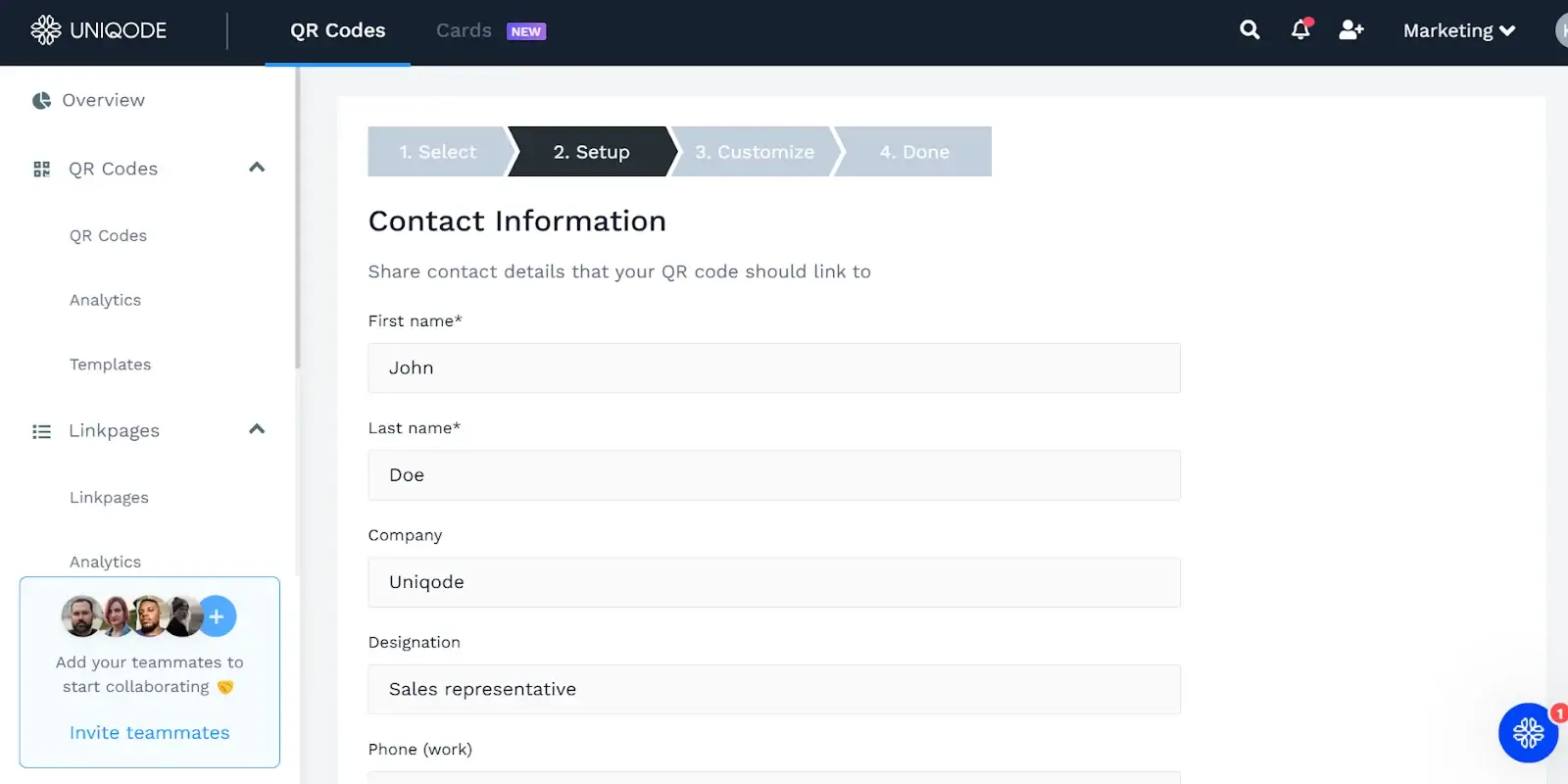 Fill contact information to create vCard QR Code