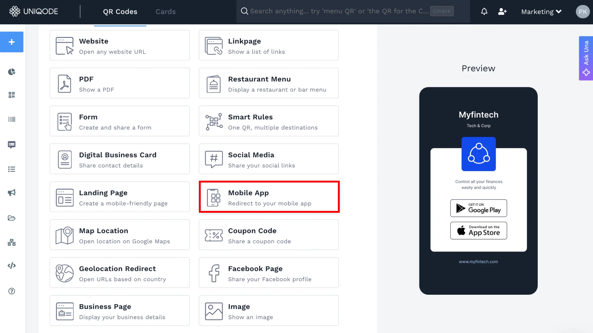 Uniqode QR Code Dashboard to Create App Download QR Code