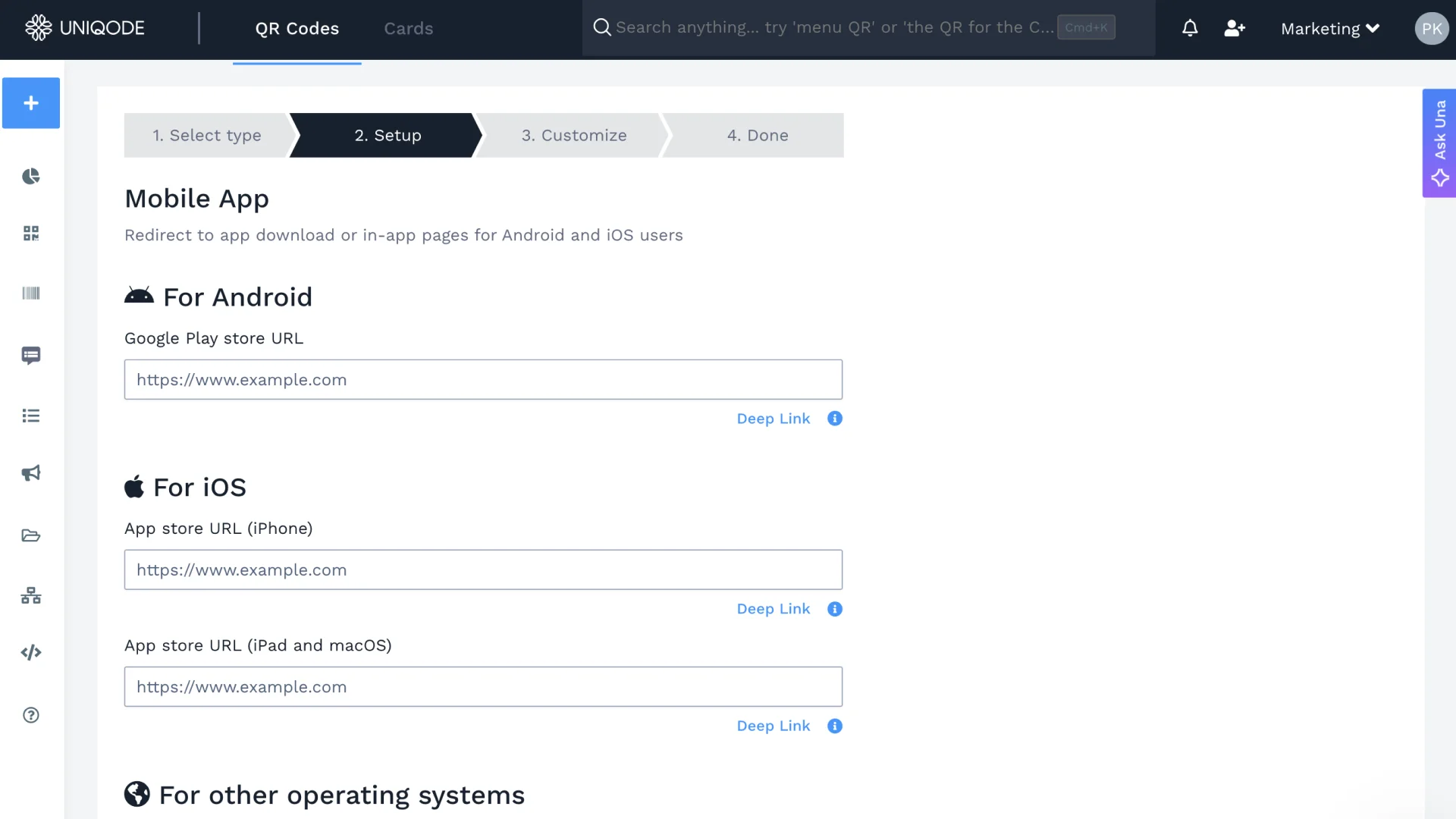 Select Mobile App in Uniqode dashboard to create an App Store QR code