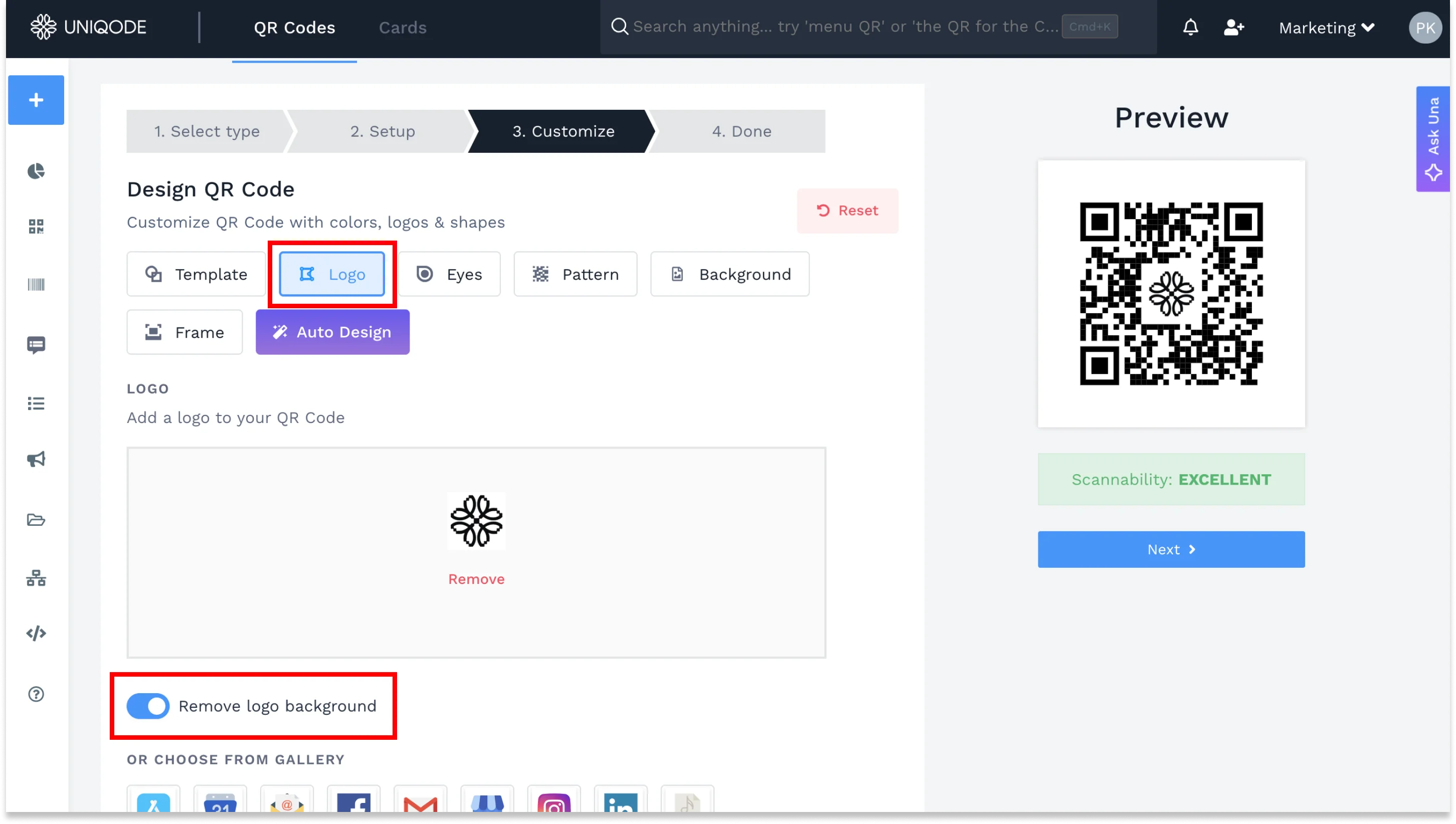 Uniqode QR Code customization dashboard showing circular frame selection for round qr code