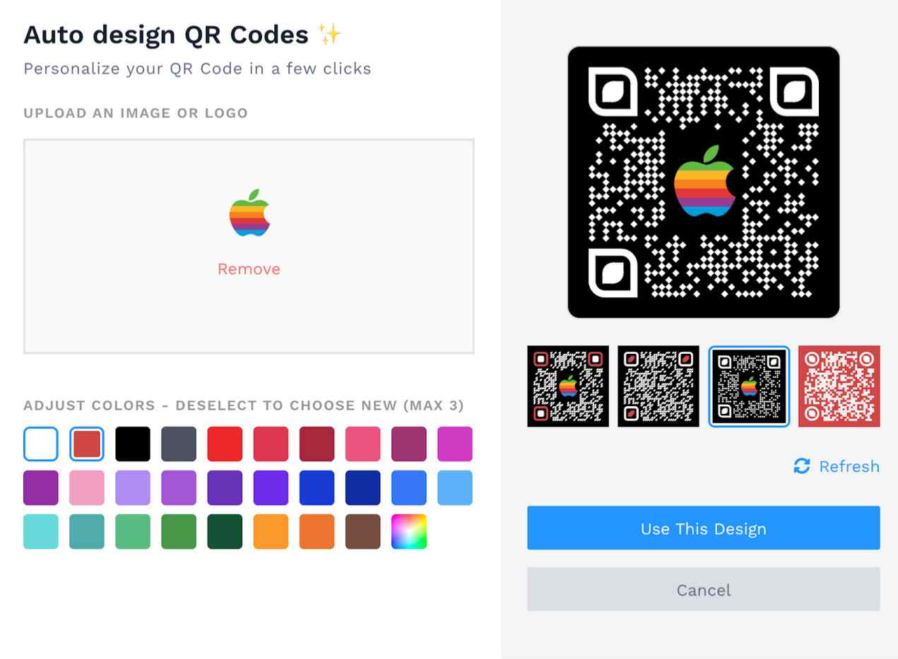 Uniqode Auto Design feature generating custom QR Codes with logo and brand colors automatically