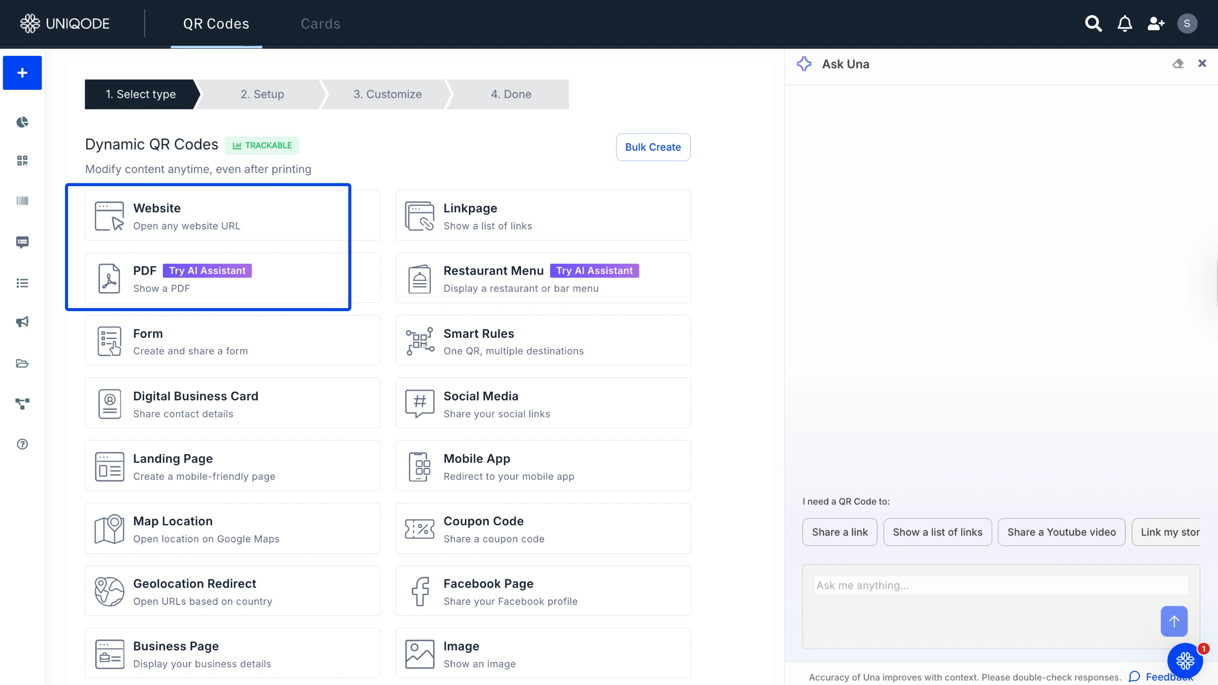 Uniqode dashboard type selection