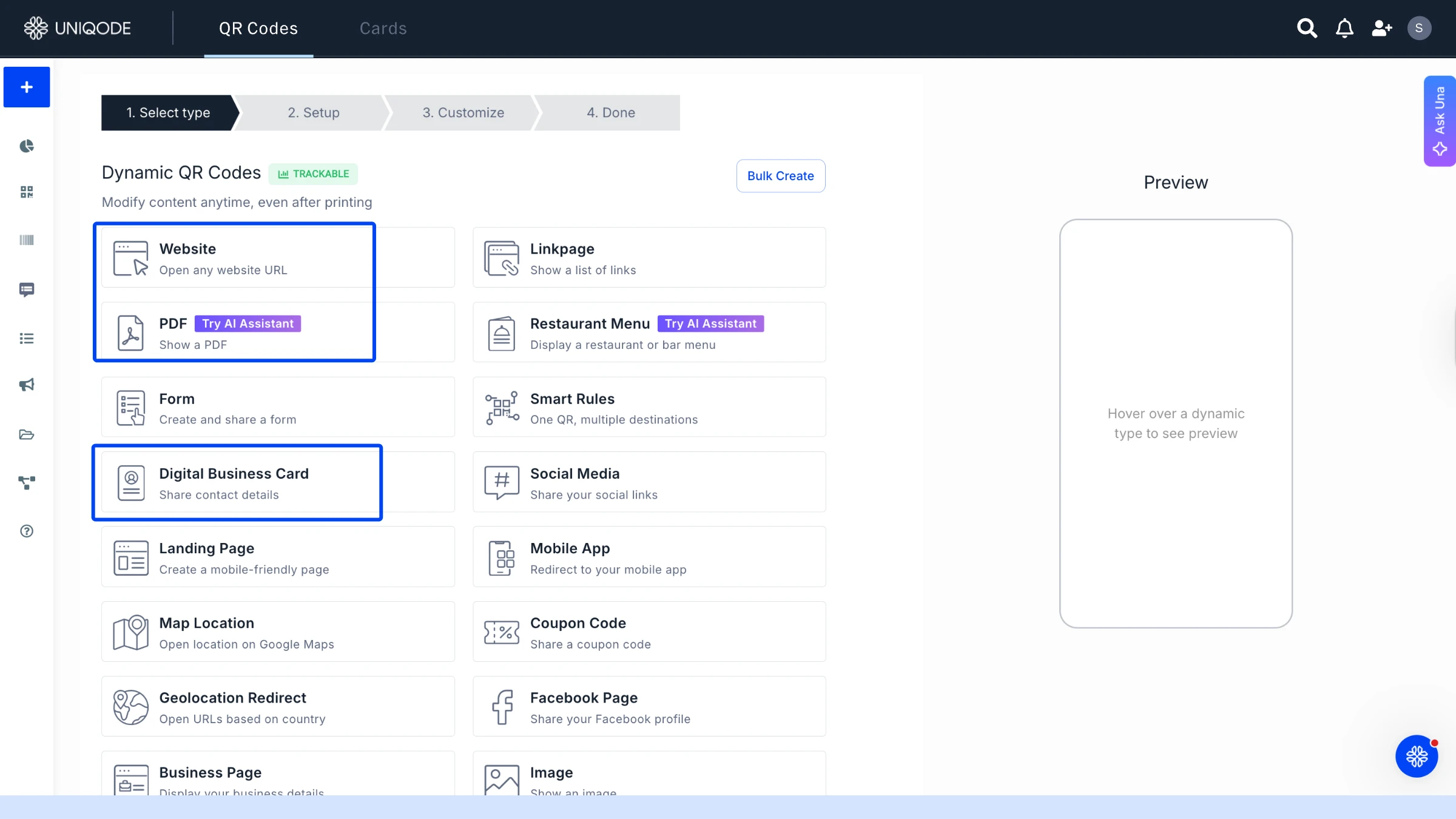 select QR Code type on Uniqode dashboard
