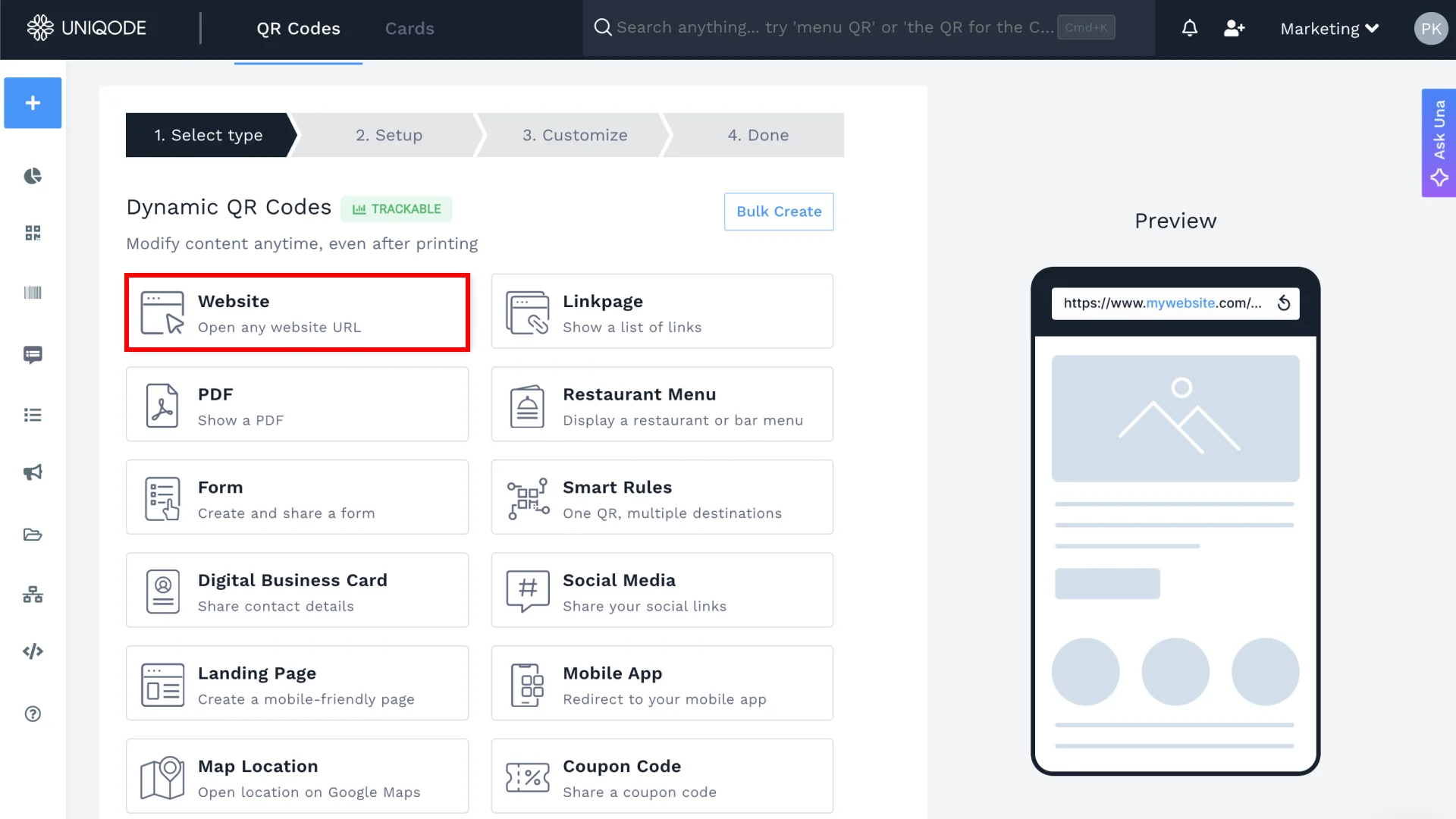 choose QR Code type on Uniqode dashboard