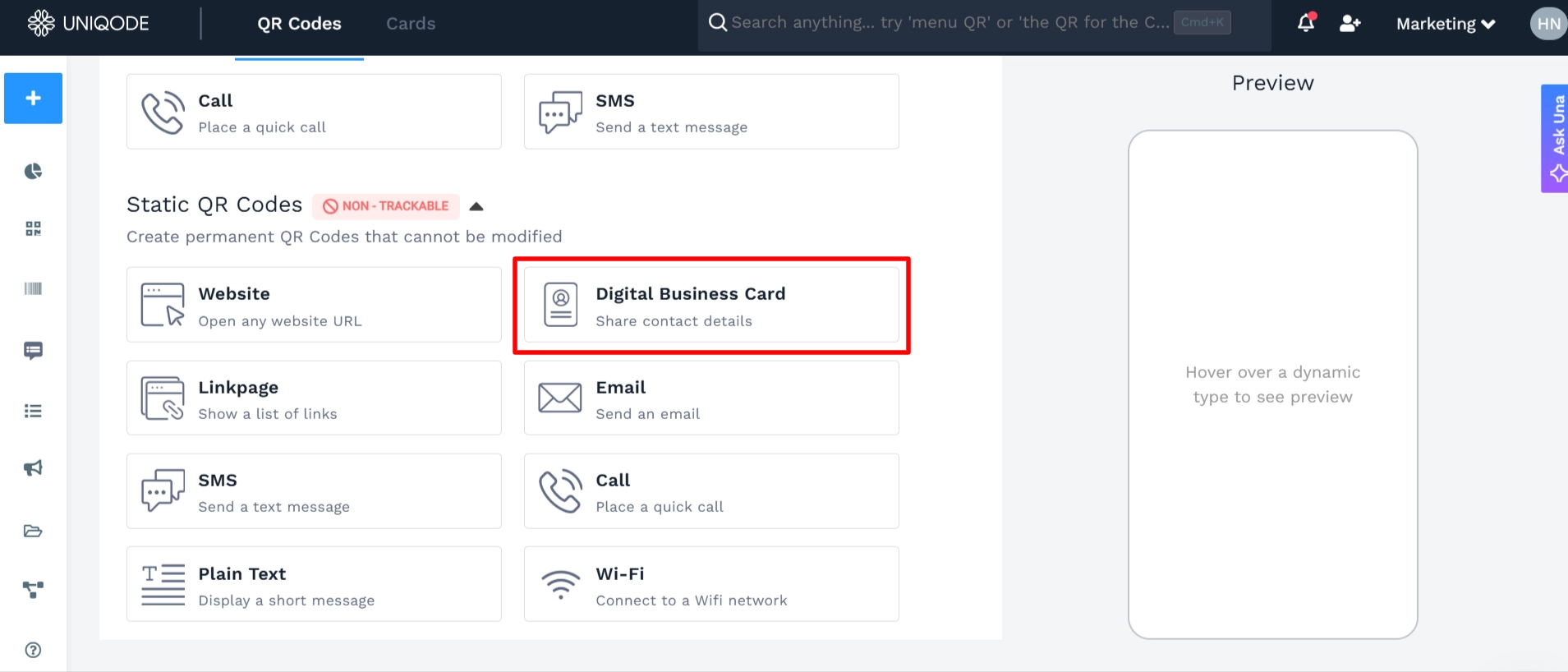 select vCard on Uniqode dashboard