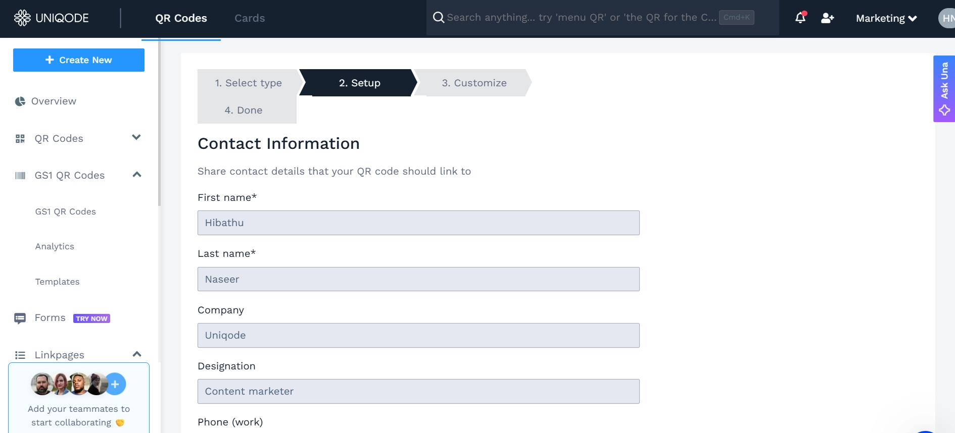 fill in the contact fields