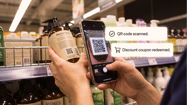 Shopper scanning a product QR code to redeem a discount