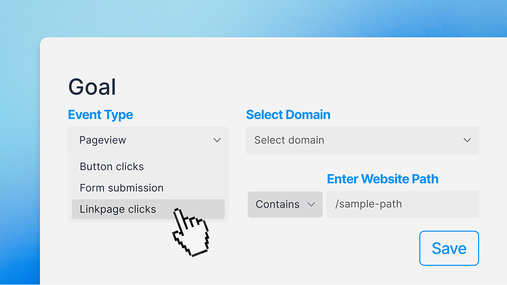 Goal setup screen for choosing conversion events like link clicks