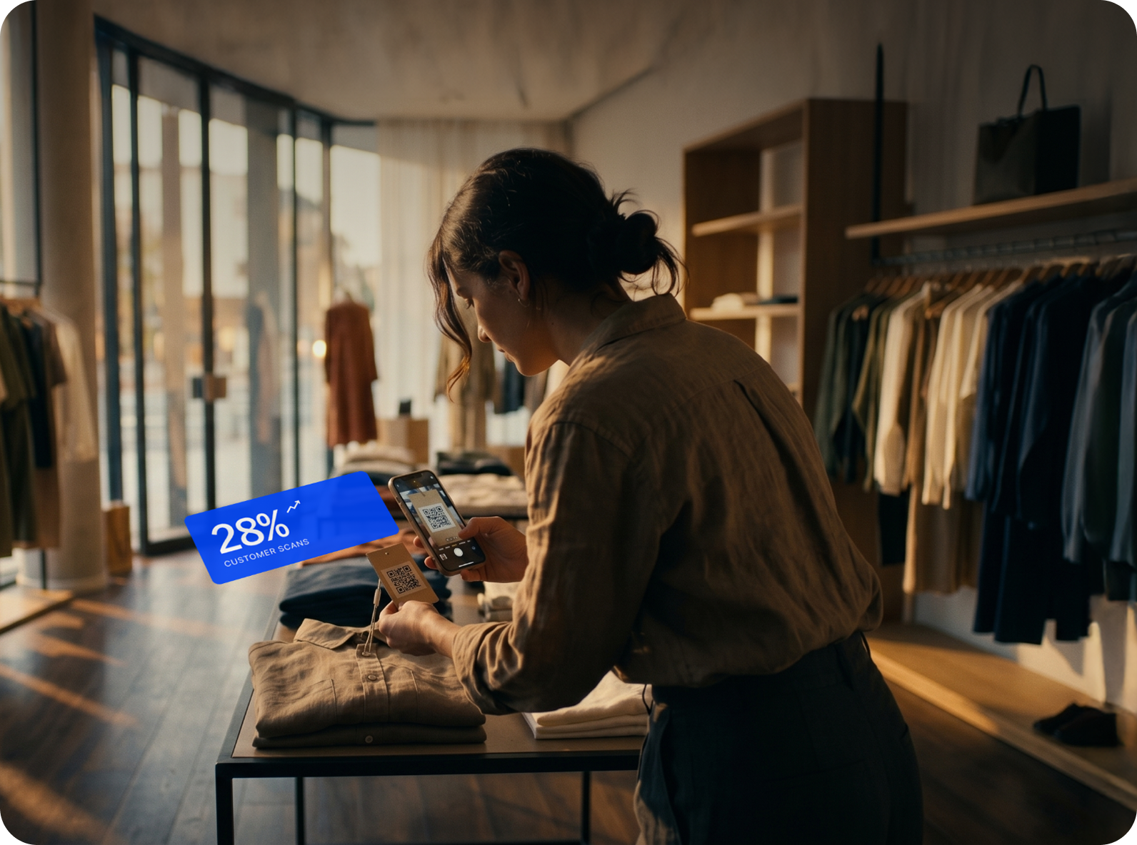 Person scanning a QR code in a clothing store, with scan performance data floating above the phone