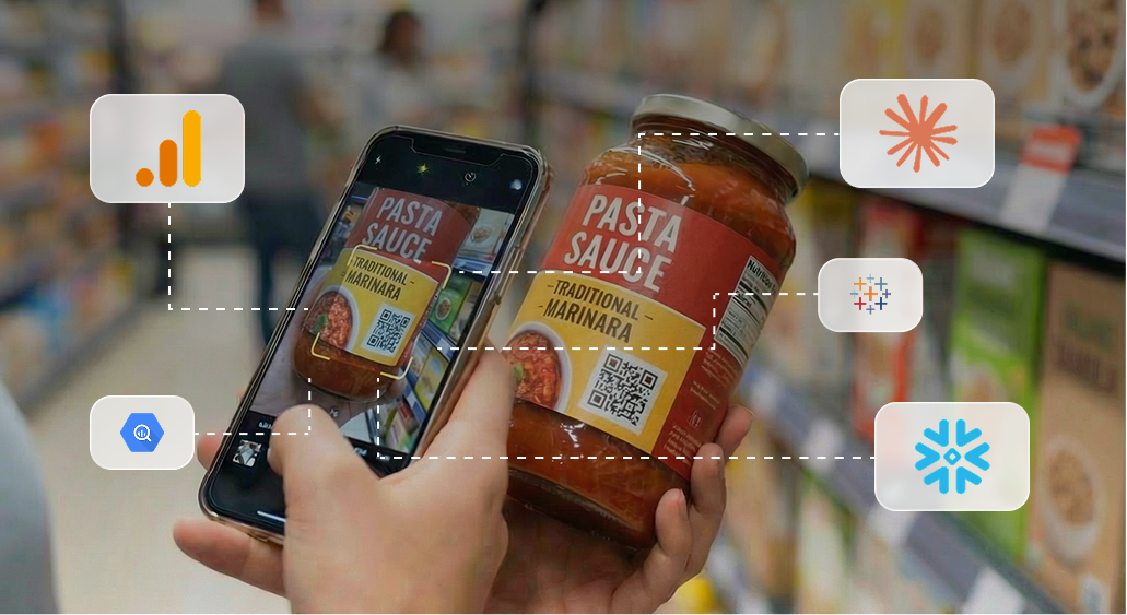 Shopper scanning a QR code on a jar of pasta sauce, with analytics and data-platform logos connected around the product