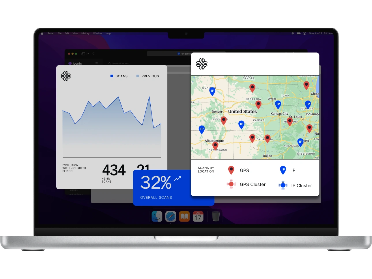 Laptop showing Uniqode Insights with a scan trend chart, 434 total scans, a 32 percent lift, and a United States map of GPS and IP scan clusters