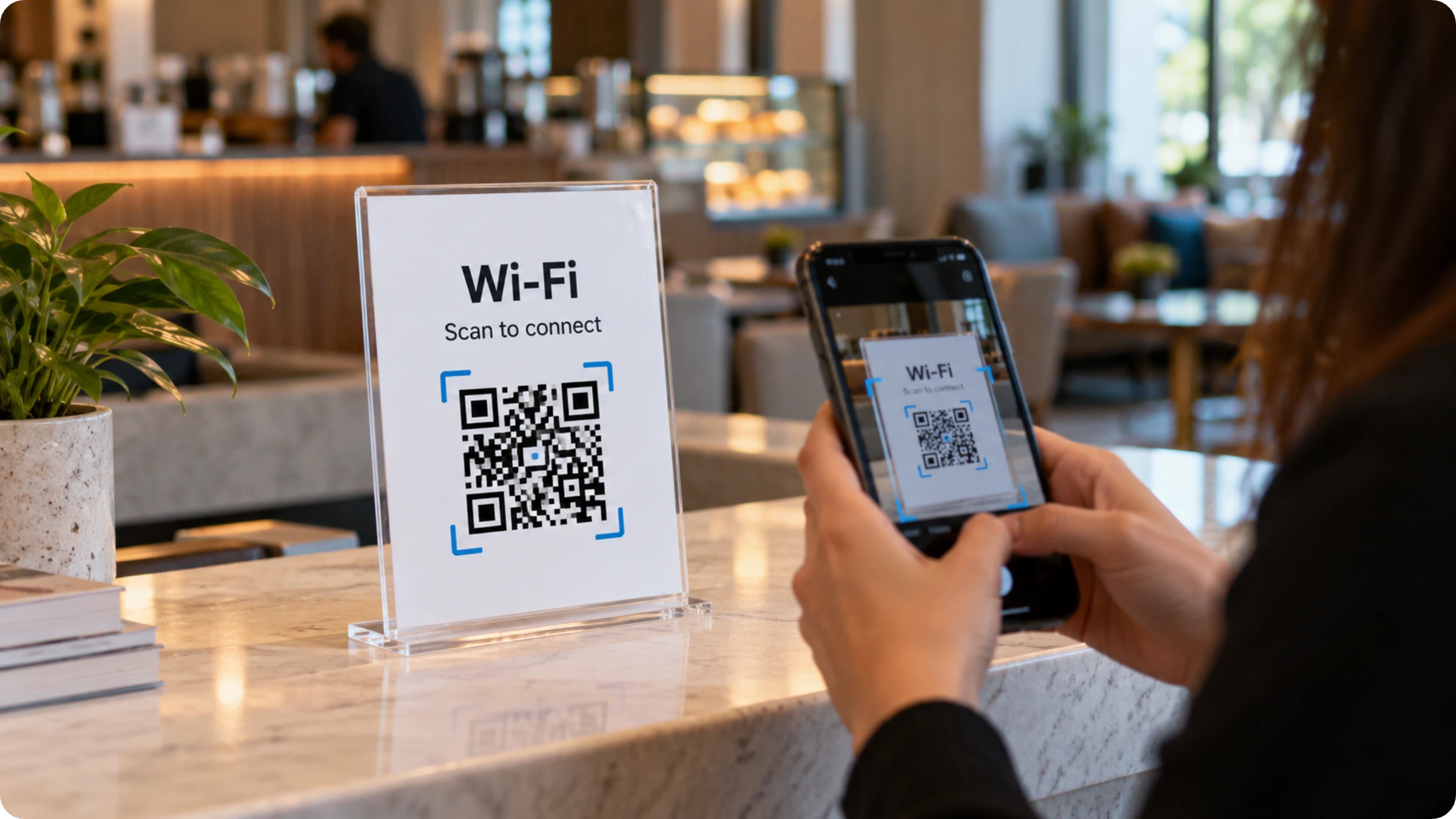 woman scanning a WiFi QR Code