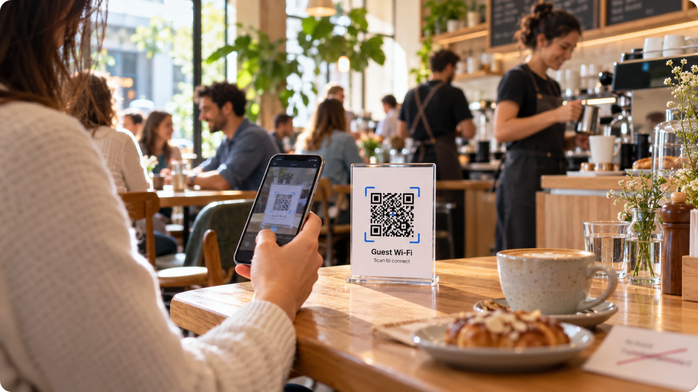 woman scanning a QR Code at a cafe
