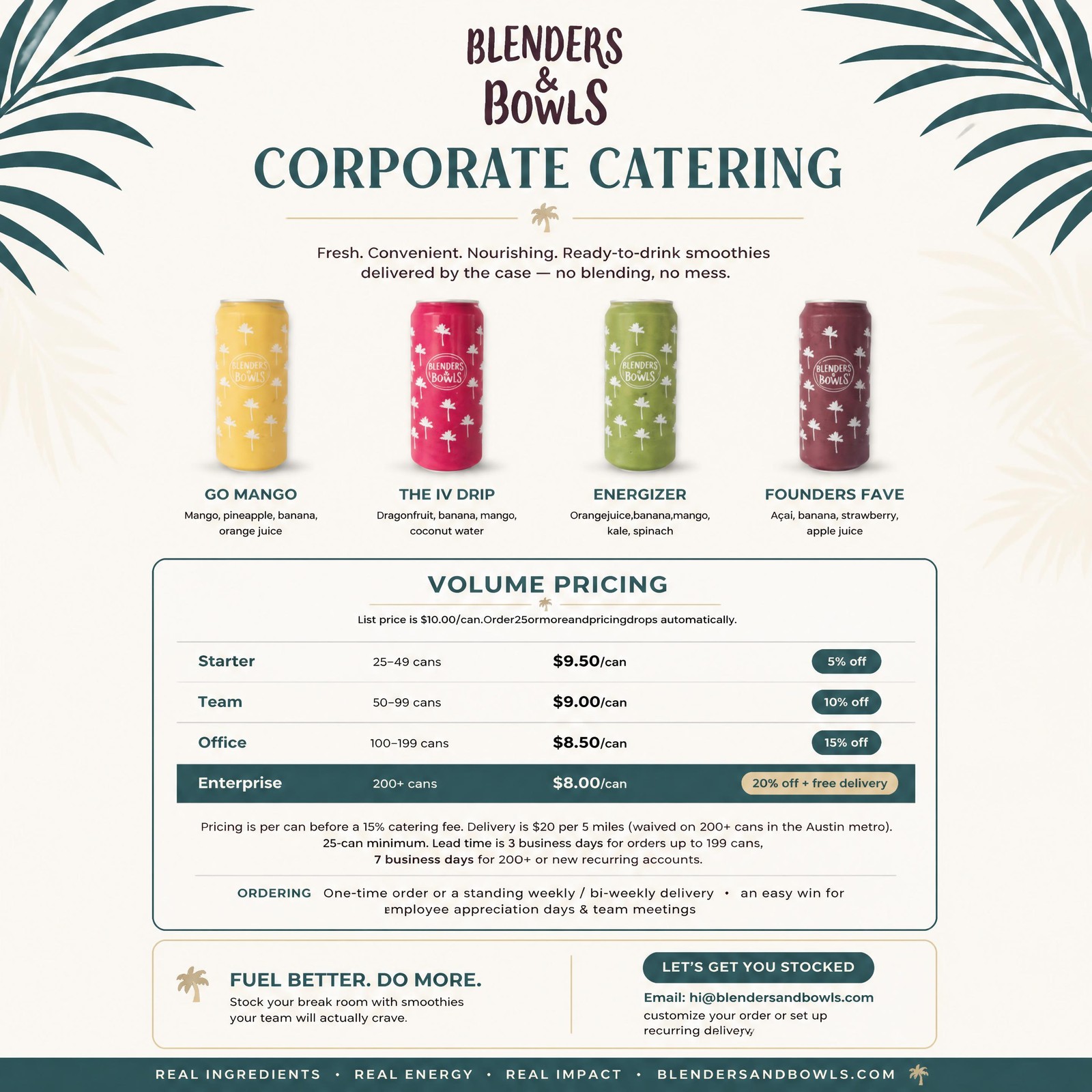 Blenders & Bowls Corporate Catering sell sheet: smoothie flavors, volume pricing, and ordering details