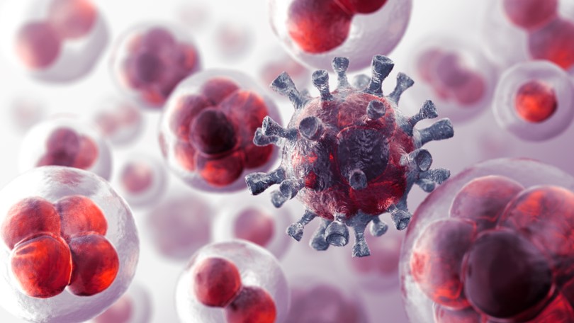 A 3D rendered illustration showing a close-up view of virus particles among cells, highlighting viral infection at a microscopic level