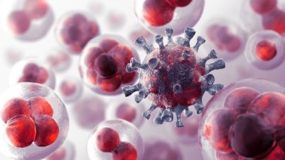 A 3D rendered illustration showing a close-up view of virus particles among cells, highlighting viral infection at a microscopic level