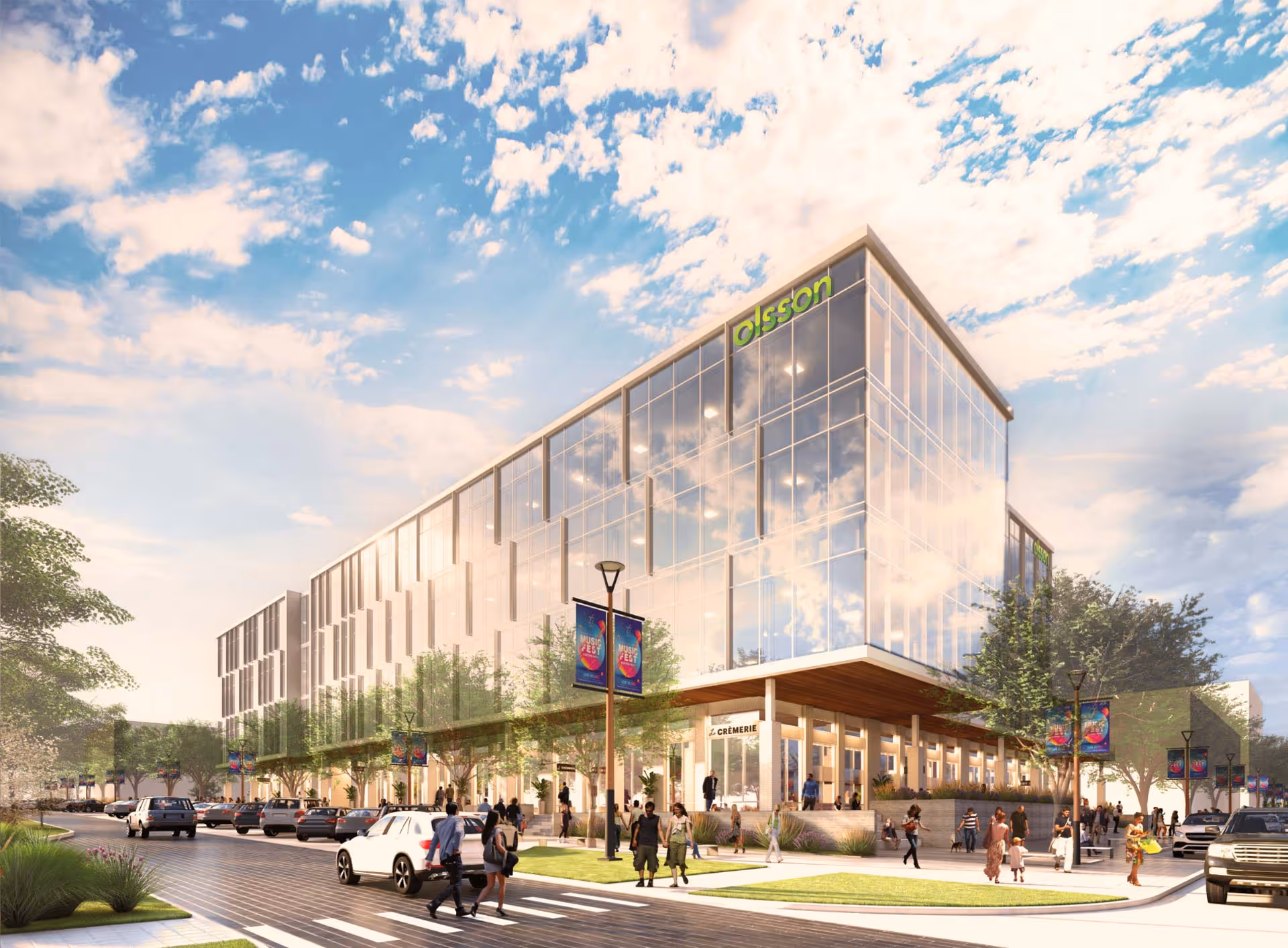 Southeastern view of Olsson's planned new four-story office building. The engineering and design firm has more than 2,000 employees with offices throughout the United States.
