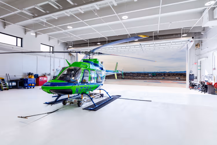 An air ambulance at the ready in the new hangar at HCA HealthONE Mountain Ridge.