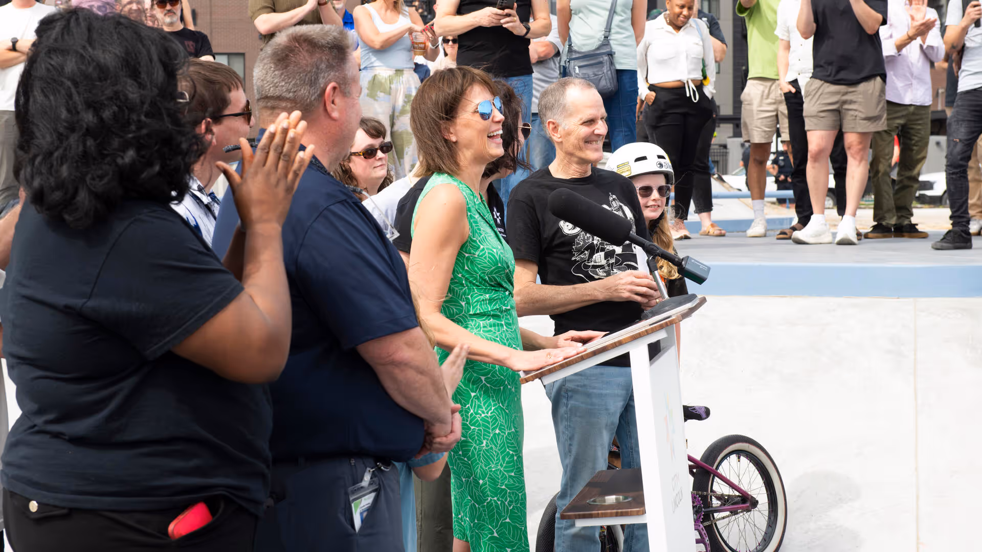 Mayor Leirion Gaylor Baird of Lincoln, Nebraska speaks during the opening of the skatepark at Canopy Yard.