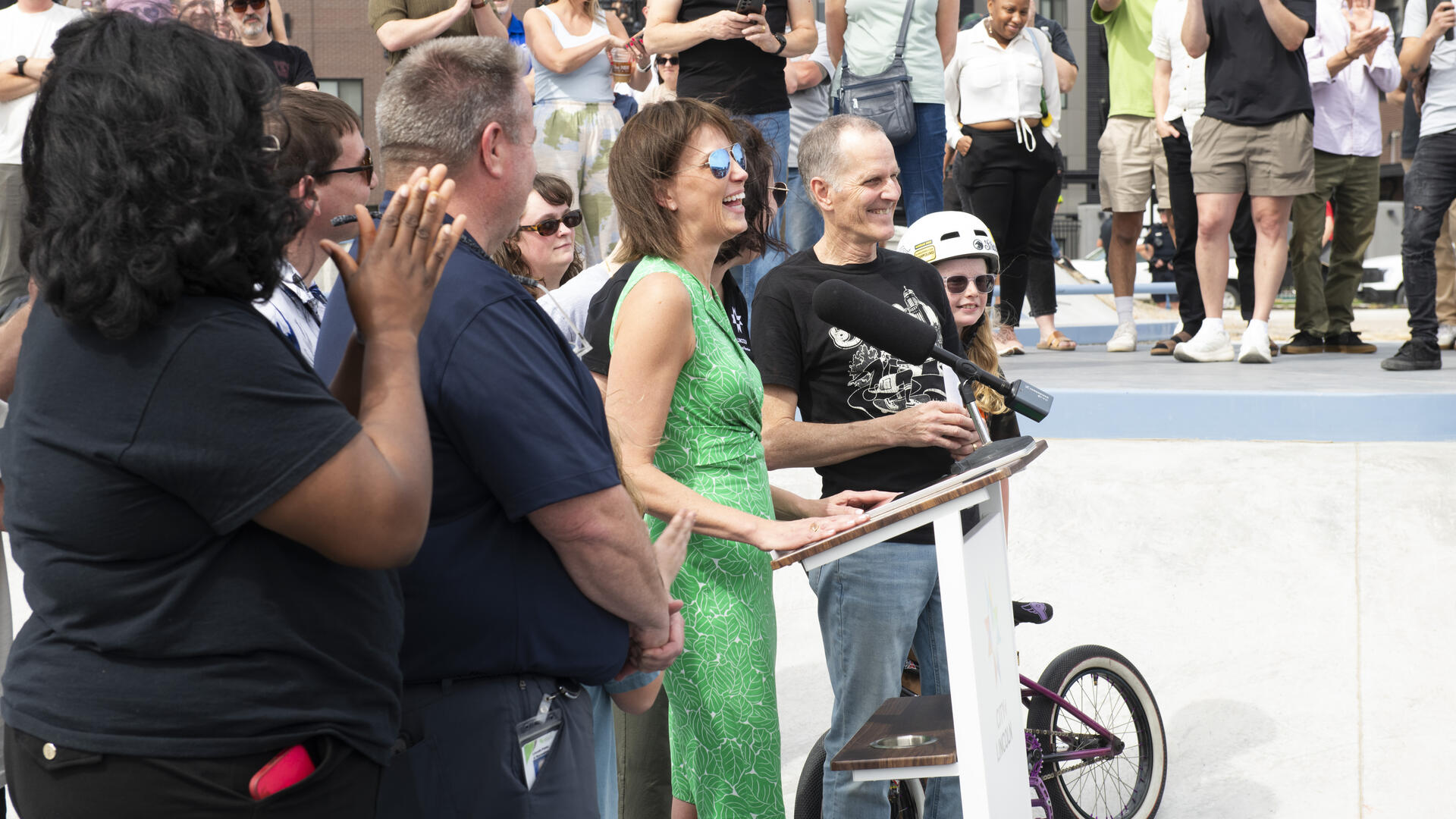 Mayor Leirion Gaylor Baird of Lincoln, Nebraska speaks during the opening of the skatepark at Canopy Yard.