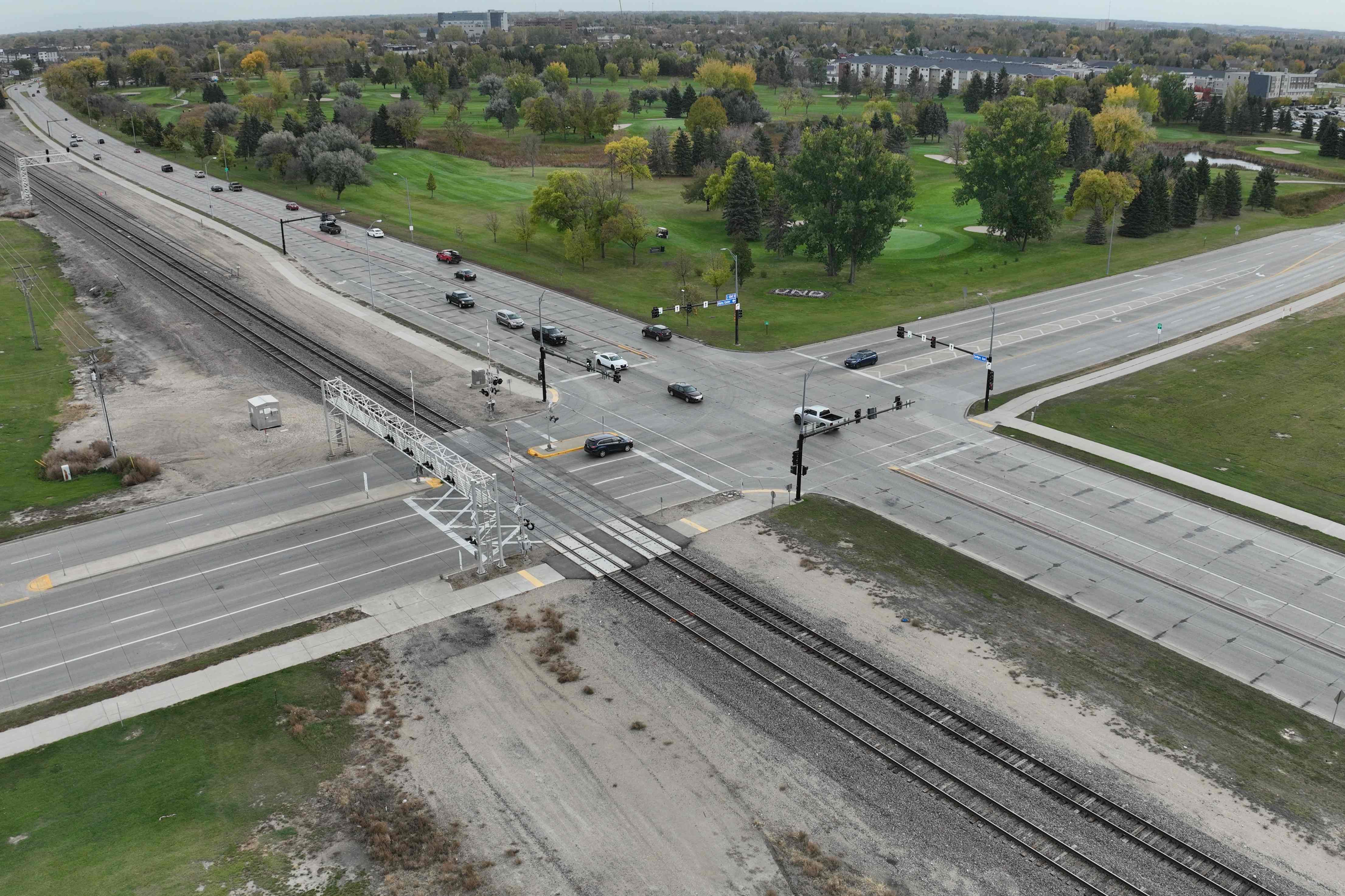 An aerial view of the current highway-rail grade crossing in Grand Forks. 
