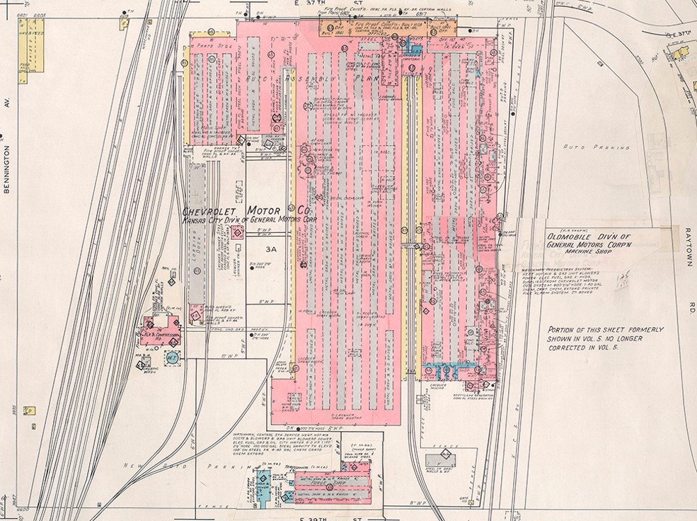 Original map of the General Motors assembly plant in the Leeds neighborhood of Kansas City. Even though the plant closed in 1988, the existing infrastructure was attractive for redevelopment as an industrial park. 