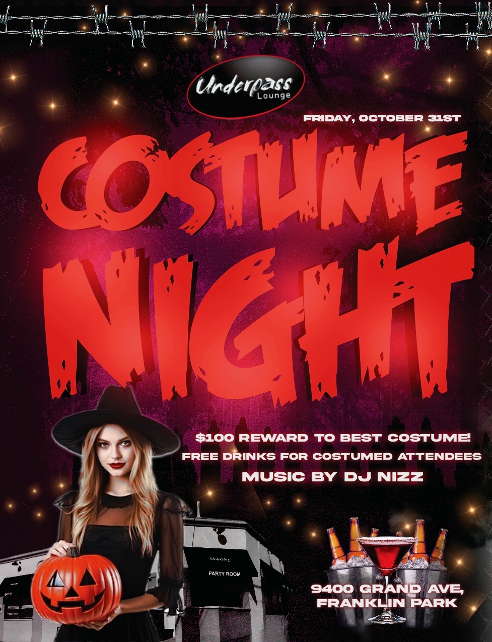 Halloween Costume Party at Underpass Lounge. Friday October 31st. $100 Reward for best costume, free drinks for costumed attendees, music by dj nizz