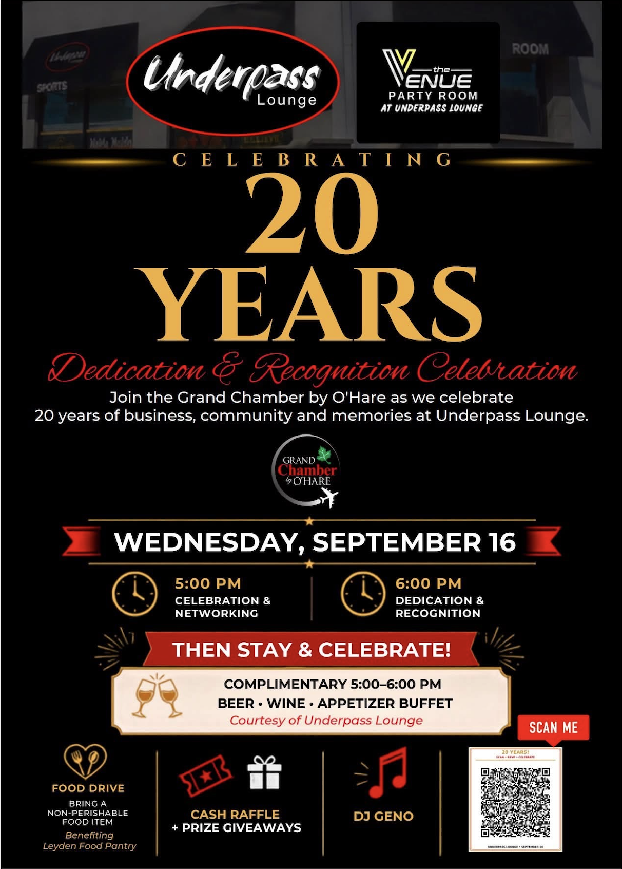 Black and gold promotional flyer for Underpass Lounge’s 20-year Dedication & Recognition Celebration with Grand Chamber by O’Hare. Features venue photos and logos at top, large gold “20 YEARS” headline, Wednesday September 16 date banner, 5 PM networking and 6 PM dedication times, complimentary beer/wine/appetizer buffet, food drive for Leyden Food Pantry, cash raffle and prize giveaways, DJ Geno, and a QR code to scan.