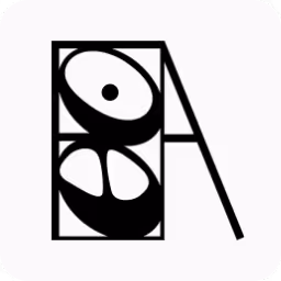 Abstract black and white geometric design featuring two circular shapes and a diagonal line within a rounded square background.