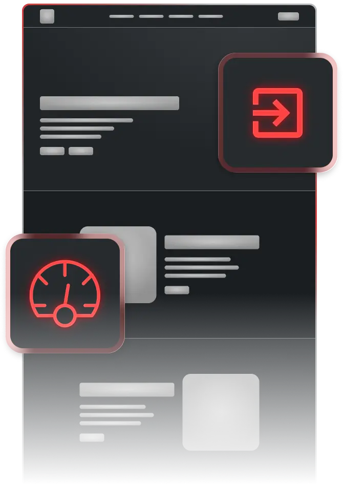 Dunkle Webseite mit stilisierten roten Symbolen für Geschwindigkeit und Logout, die über Text- und Bildplatzhaltern schweben.