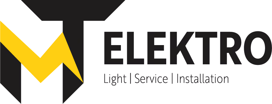 Logo mit den Buchstaben MT in Schwarz und Gelb, daneben der Text 'ELEKTRO' und darunter 'Light | Service | Installation'.