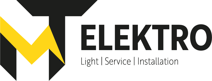 Logo mit den Buchstaben MT in Schwarz und Gelb, daneben der Text 'ELEKTRO' und darunter 'Light | Service | Installation'.
