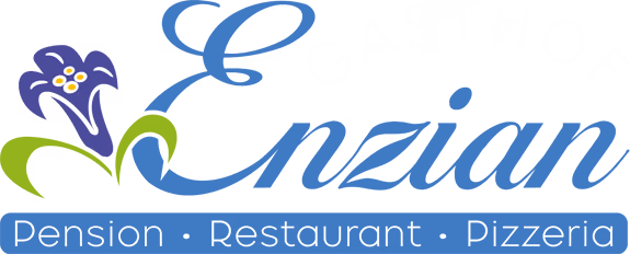 Logo von Gasthof Enzian mit violettem Enzian-Blumenmotiv und Text Pension, Restaurant, Pizzeria.