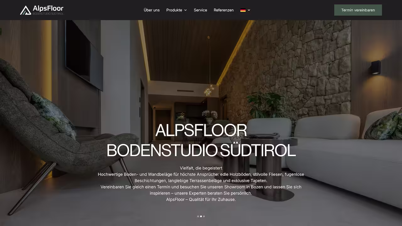 Alpsfloor Website – Hero-Bereich mit Raumaufnahme und Headline