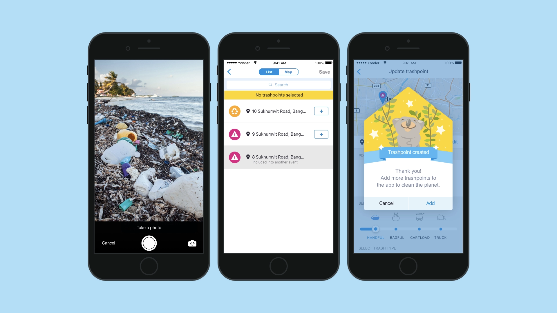 Three smartphone screens showing an app interface: first screen displays a photo of a trash-strewn beach with a camera button; second screen shows a list of trashpoint locations with selection options; third screen displays a confirmation message with a koala illustration saying 'Trashpoint created' and encouraging adding more trashpoints.