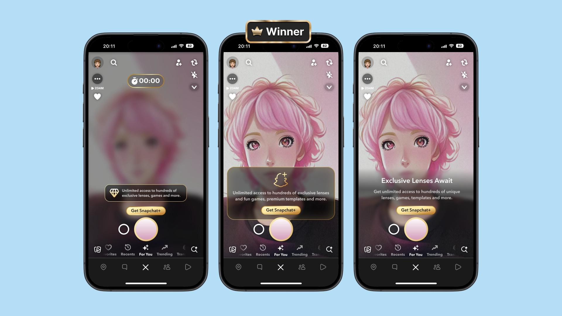 Three smartphone screens showing Snapchat subscription offers with pink-haired avatar; the center screen labeled Winner with Snapchat+ offer highlighted.