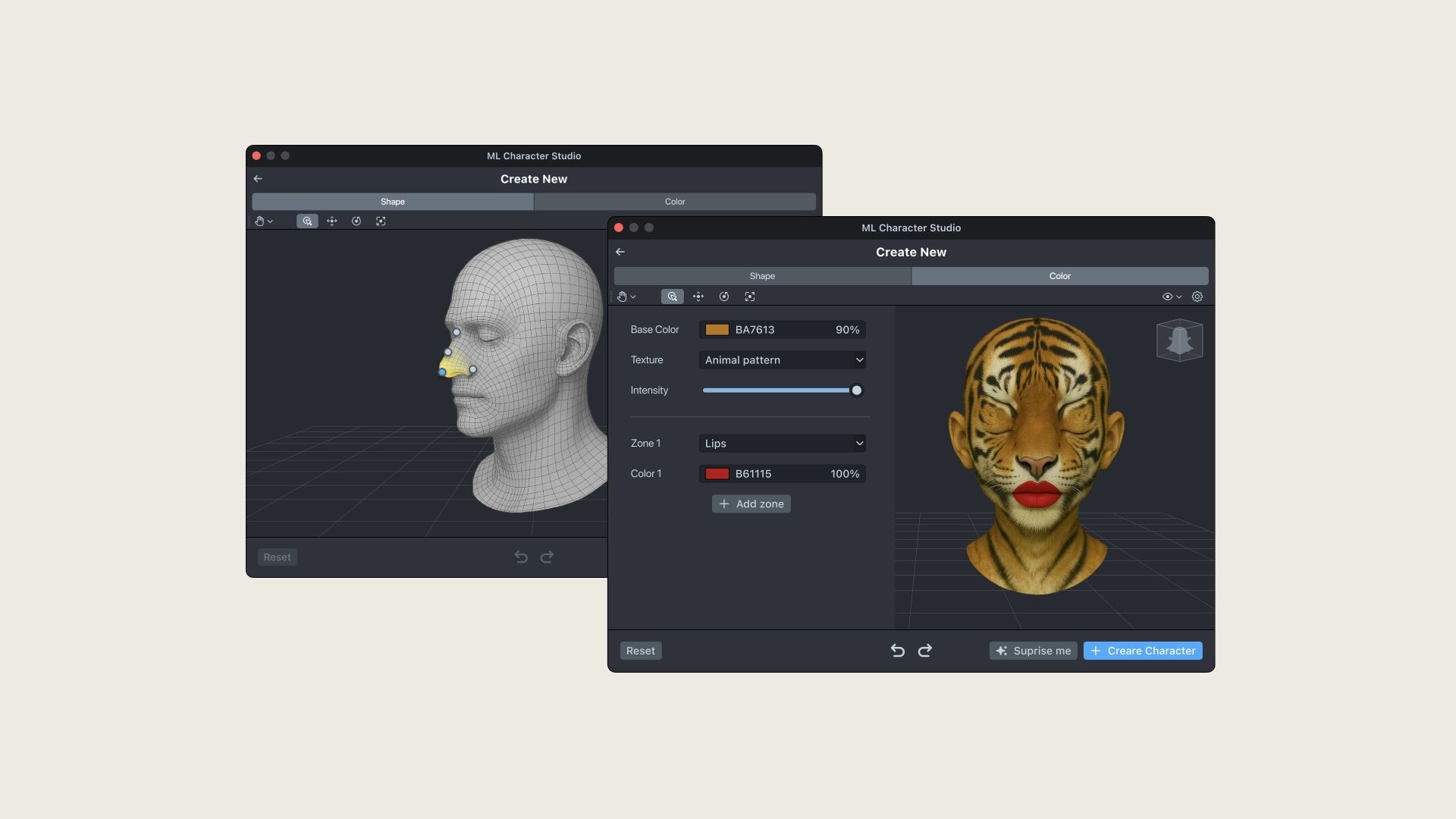 Two windows of ML Character Studio software showing 3D modeling of a humanoid head, one with a wireframe view and nose adjustment, the other with a green goblin-like character with large ears and nose, and texture settings menu.