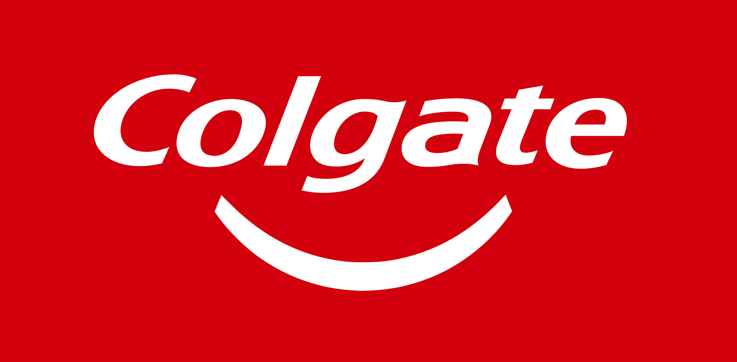 Colgate logo with white text and smile graphic on a red background.