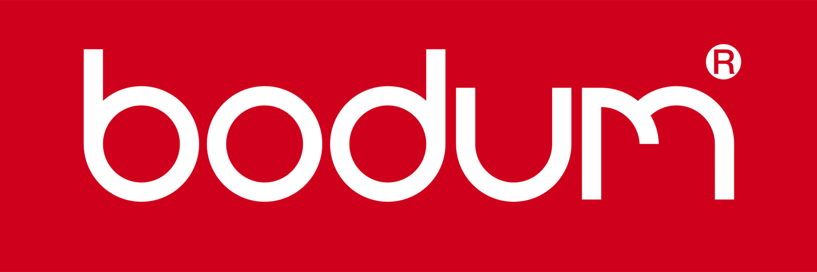 Bodum brand logo with white lowercase letters on a red background.