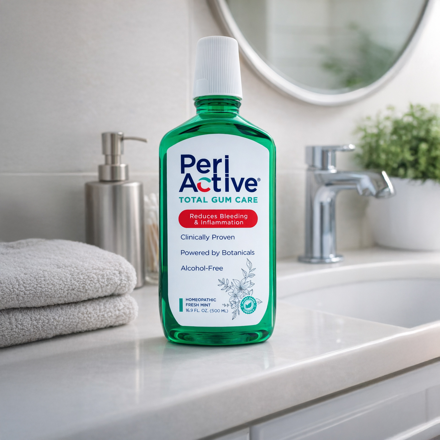 Green bottle of PeriActive Total Gum Care mouthwash on a bathroom counter near folded gray towels and a sink faucet.