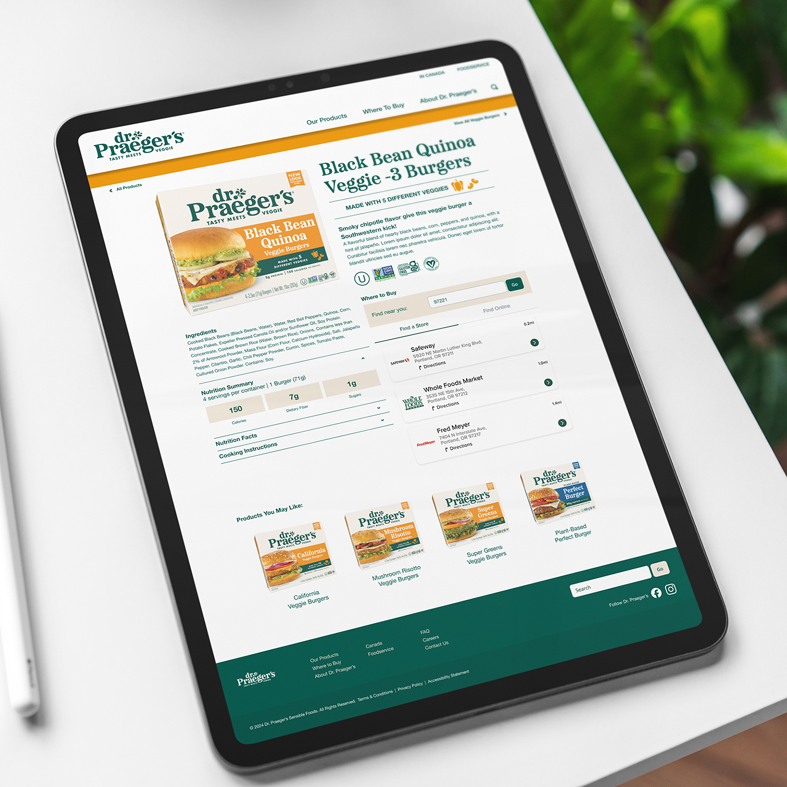 Tablet displaying Dr. Praeger's Black Bean Quinoa Veggie Burgers product page with nutrition facts, ingredients, and store locations to buy.