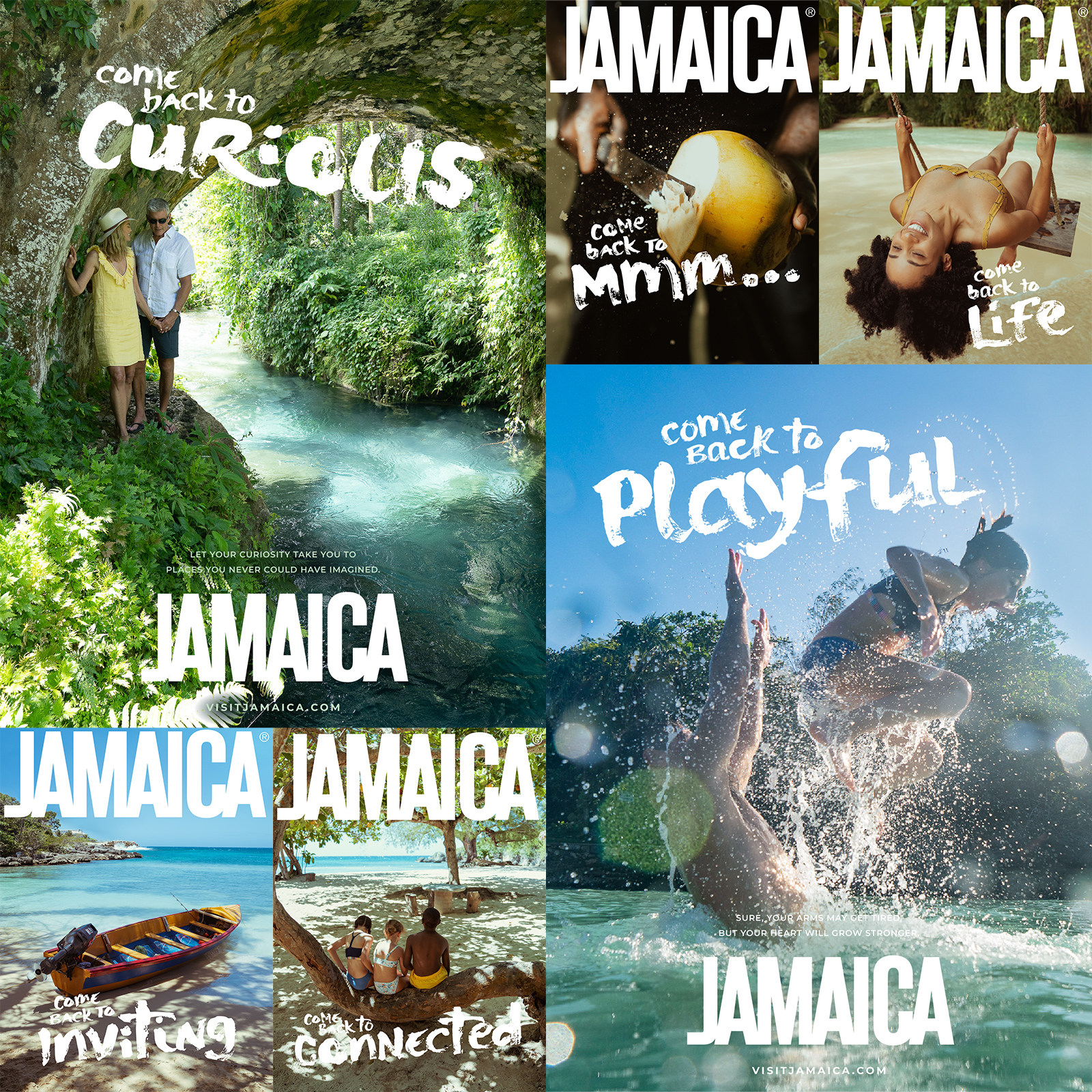 Collage of Jamaica travel images promoting curiosity, playfulness, life, connection, and inviting scenes with people enjoying nature and water.