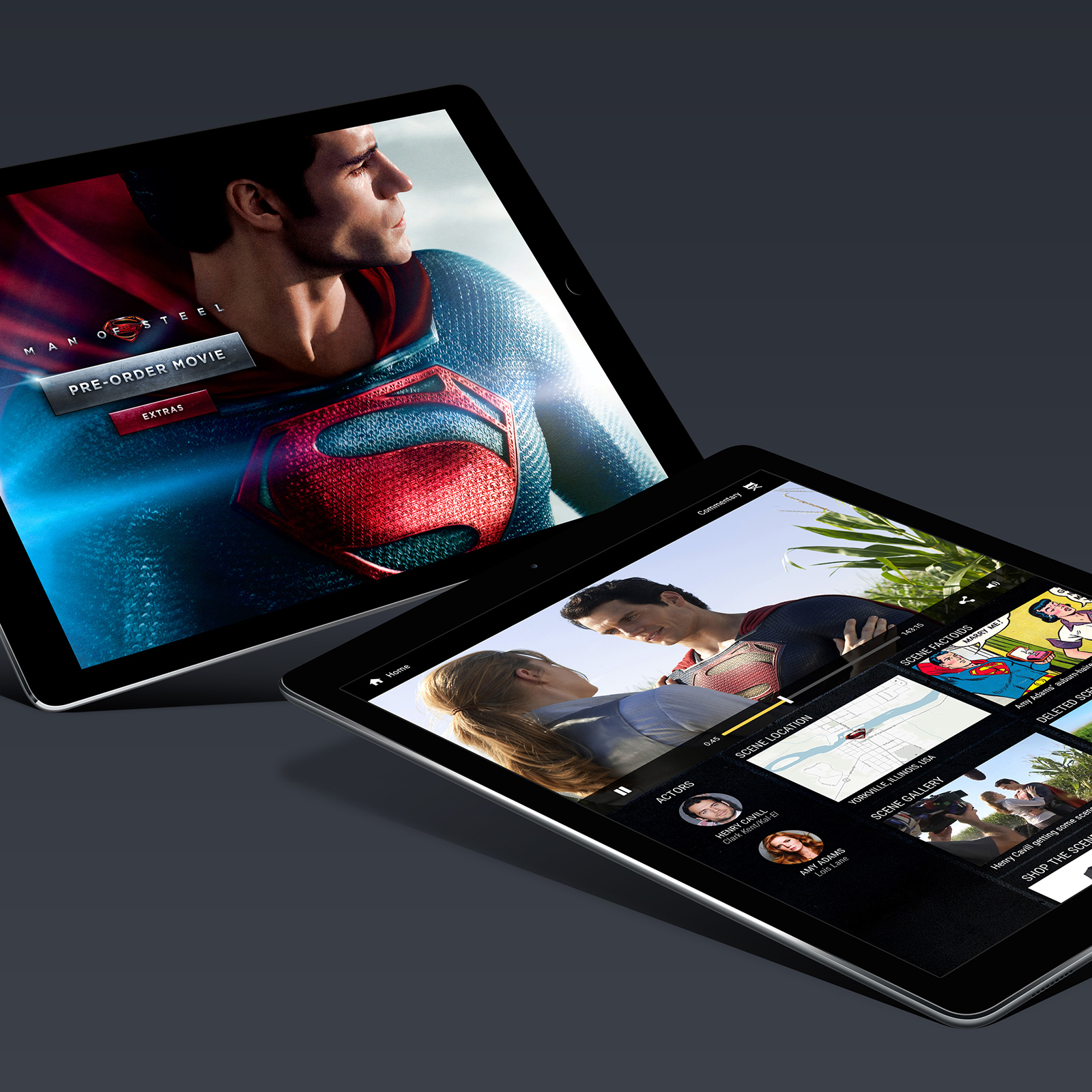 Two tablets displaying scenes and features from the Man of Steel movie, including a pre-order option and actor information.