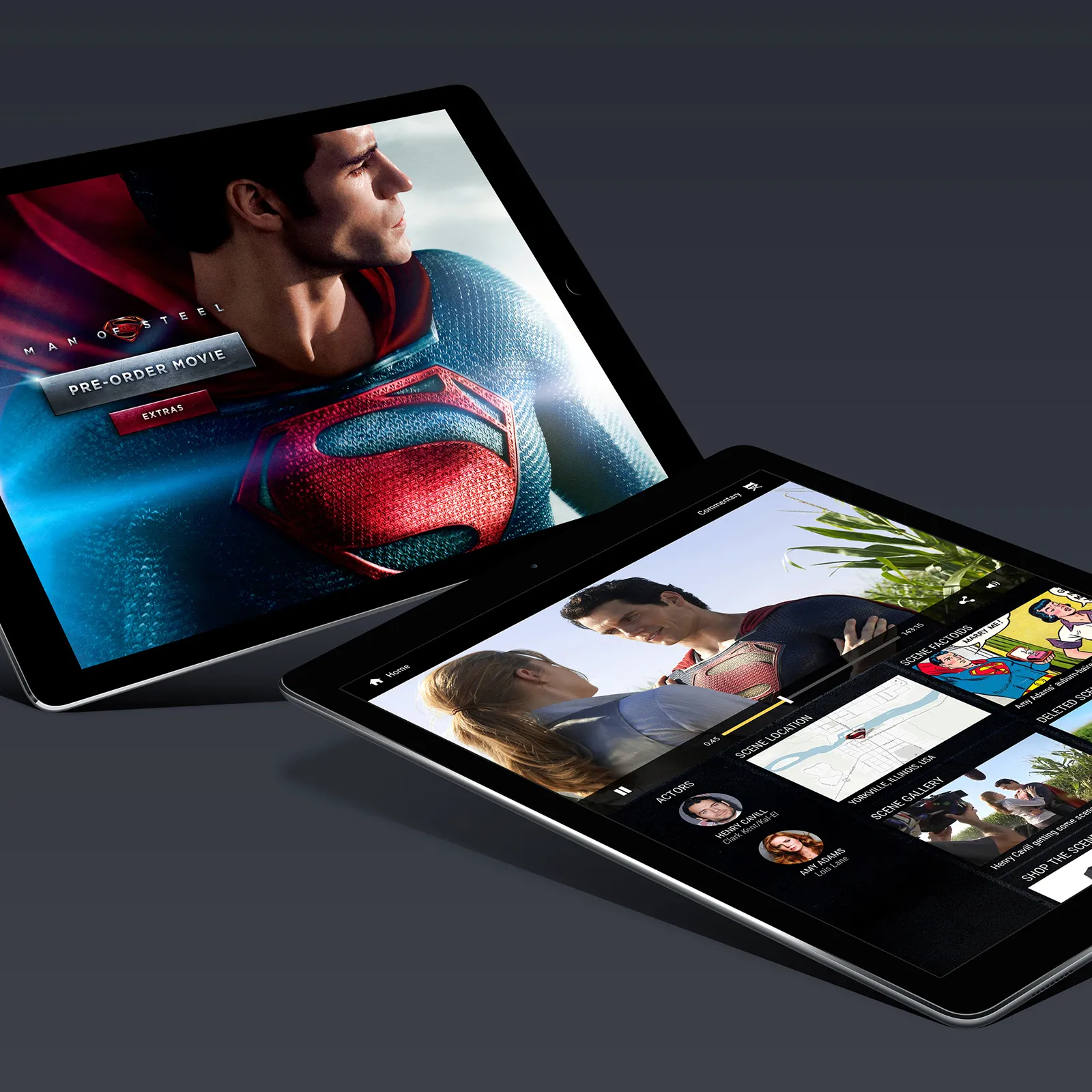 Two tablets displaying scenes and features from the Man of Steel movie, including a pre-order option and actor information.