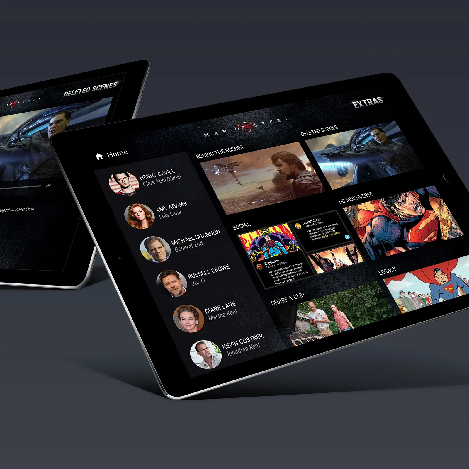 Tablet displaying a movie extras menu for Man of Steel with actor headshots, behind the scenes, deleted scenes, social content, DC multiverse comics, and legacy sections.