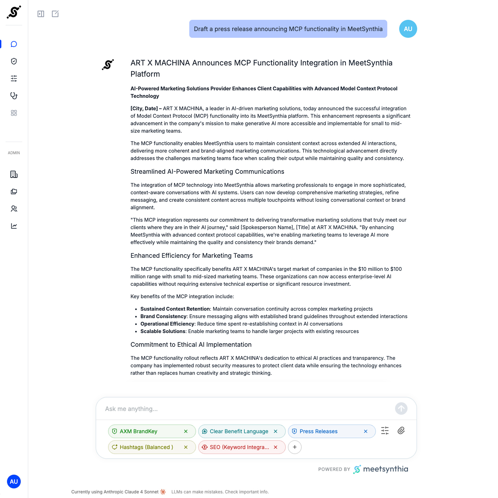 Screenshot of a press release draft in MeetSynthhia platform announcing MCP functionality integration by ART X MACHINA, with detailed sections on streamlined marketing communications, efficiency, and ethical AI implementation.