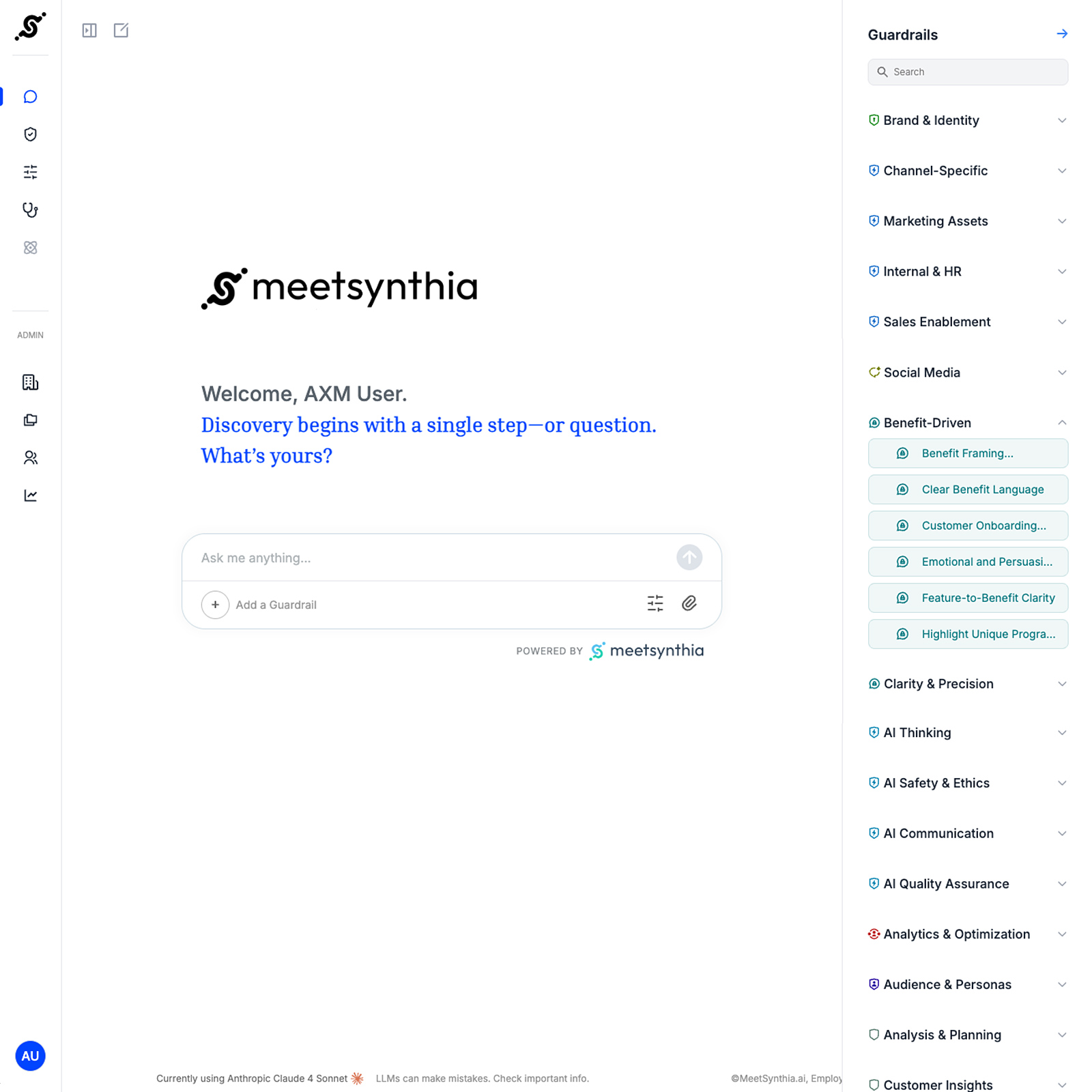 Meetsynthia AI interface greeting user AXM with a prompt to start discovery, featuring a chat input box and a sidebar of content categories and guardrails.